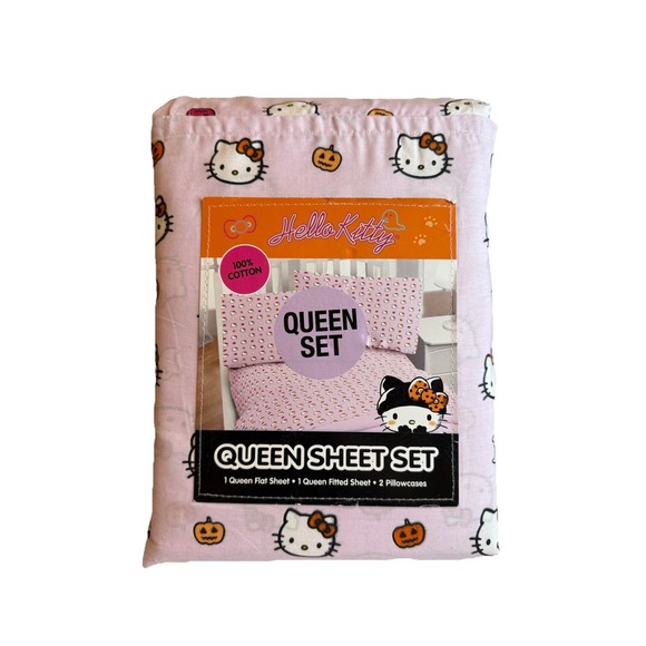 Hello Kitty Halloween QUEEN Bed Sheets Pillow Cases Set Light Purple Pumpkin NEW - Picture 1 of 3